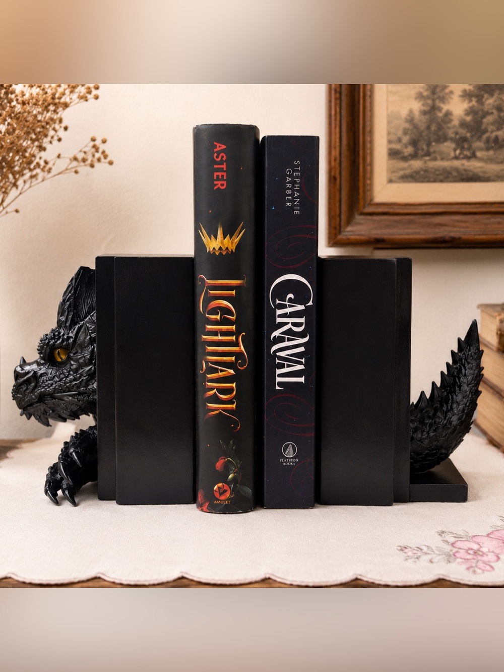 Black Dragon Bookends Fantasy Gothic Bookshelf Decor Resin Pair